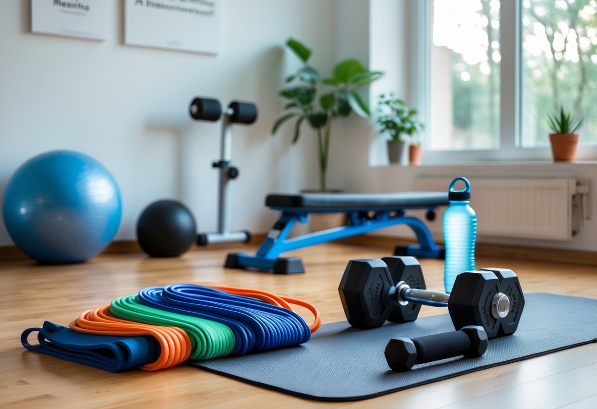 Home Gym Accessories for Beginners: A Complete Starter Guide 8 A beginner home gym with resistance bands, dumbbells, a yoga mat, water bottle, adjustable bench, and stability ball in a bright room.