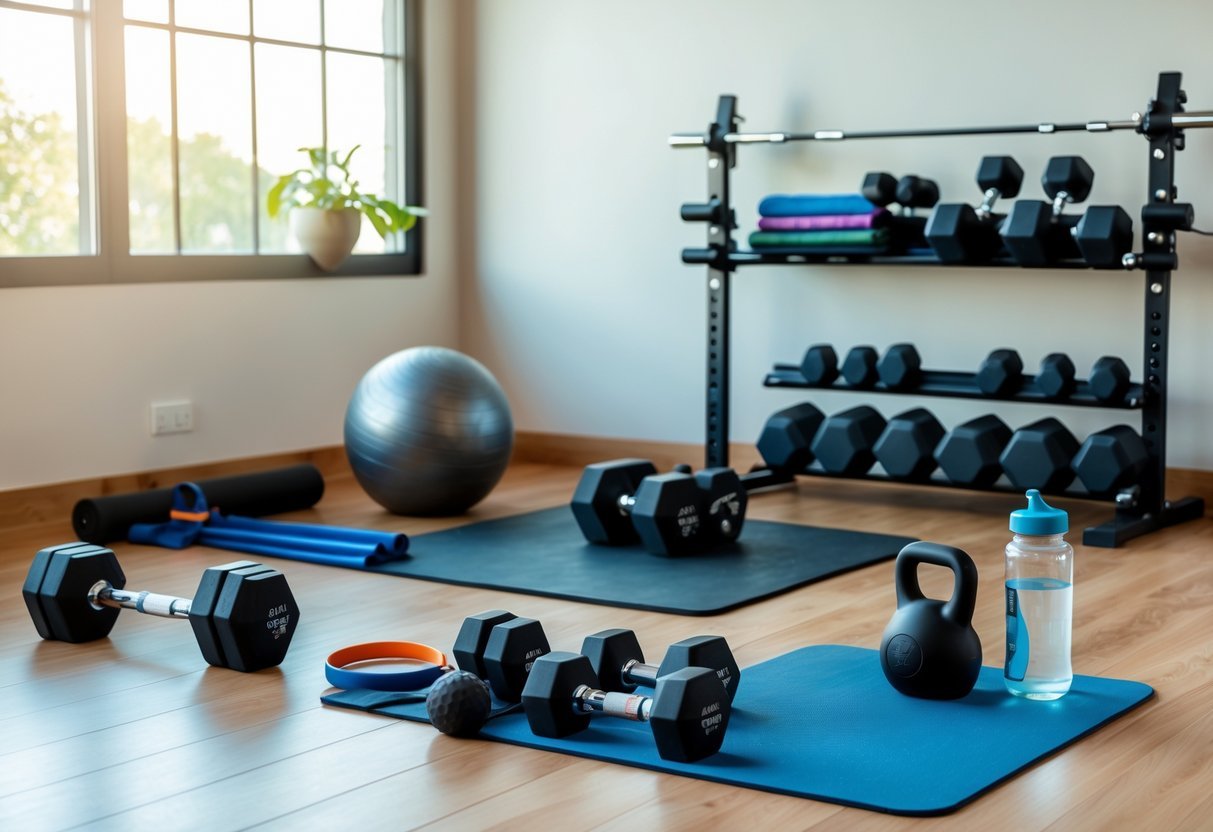 Home Gym Accessories for Beginners: A Complete Starter Guide 9 A tidy home gym setup with dumbbells, resistance bands, kettlebell, yoga mat, and stability ball arranged on a wooden floor near a window.