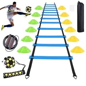 20FT Agility Speed Ladder Training Equipment Set Soccer Gifts for Boys 8-14 with 12 Cones, Solo Trainer & Jump Rope, Suitable for Home Gym and Playground