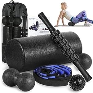 Foam Roller Set – High Density Back Roller, Muscle Roller Stick,2 Foot Fasciitis Ball, Stretching Strap, Massage Ball for Whole Body Physical Therapy & Exercise, Yoga, Back Pain, Leg, Deep Tissue