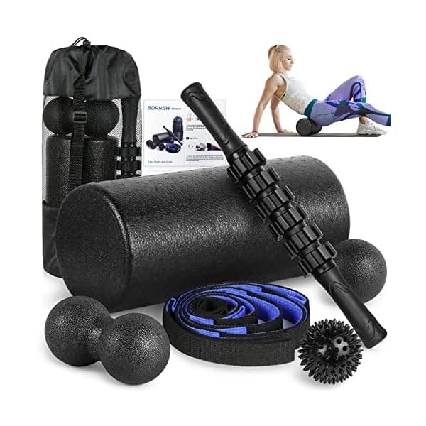 Foam Roller Set – High Density Back Roller, Muscle Roller Stick,2 Foot Fasciitis Ball, Stretching Strap, Massage Ball for Whole Body Physical Therapy & Exercise, Yoga, Back Pain, Leg, Deep Tissue