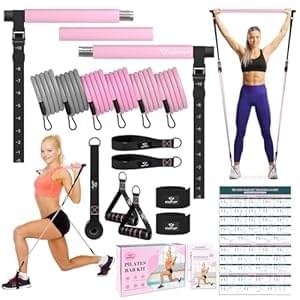 Pilates Bar Kit with Resistance Bands, Multifunctional Yoga Pilates Bar with Heavy-Duty Metal Adjustment Buckle, Portable Home Gym Pilates Resistance Bar Kit for Women Full Body Workouts