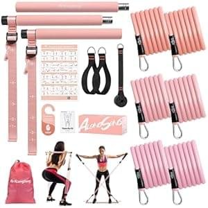 Upgraded Pilates Bar Kit with Resistance Bands Natural Latex for Women & Men, Heavy-Duty Stainless Steel Multifunctional Yoga Pilates Stick for Home Gym Exercise Fitness Equipment Full-Body Workouts