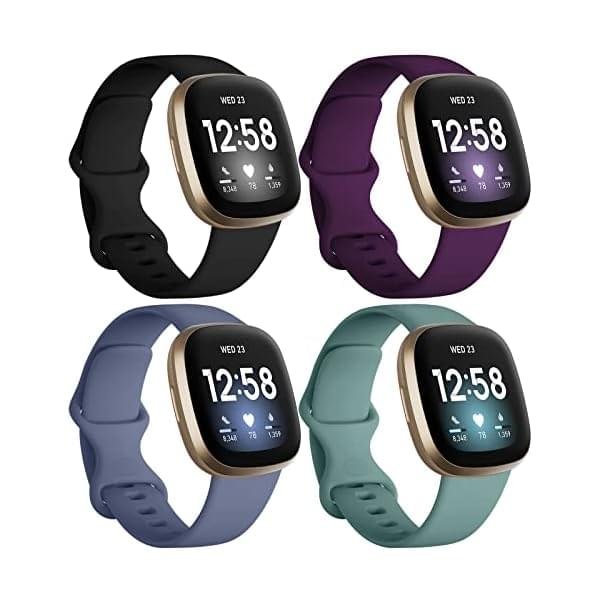 Dirrelo Bands Compatible with Fitbit Sense/Versa 3 / Versa 4 / Sense 2, Soft TPU Sport Strap Band, Replacement Wristband for Women Men, 4Pack Small, Black Modena Bluegrey Pinegreen