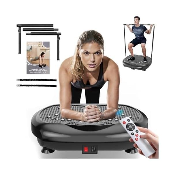 Vibration Plate Exercise Machine – Whole Body Workout Vibration Platform Lymphatic Drainage Machine for Weight Loss Home Fitness with Pilates Bar Resistance Bands Remote